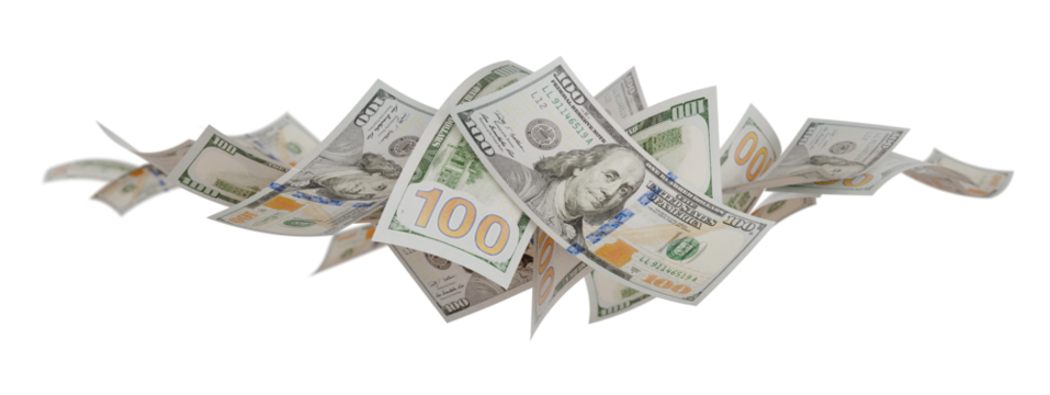 Collection of Falling One Hundred Dollar Bills Isolated. Transparent PNG.