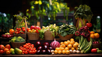 Fototapeta na wymiar A Vibrant of Fresh, Luscious Fruits and Crisp Vegetables in a Traditional Market Bursting with Colorful Abundance