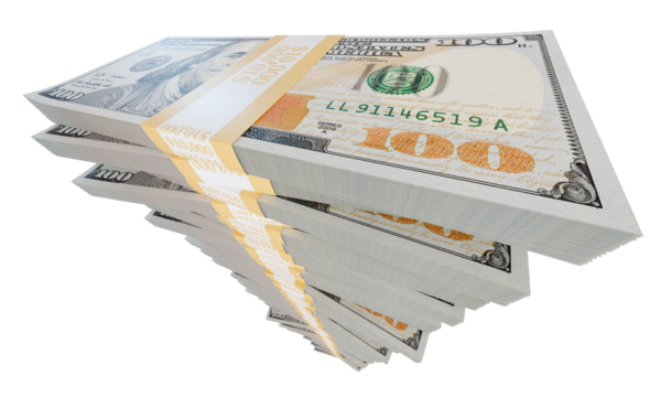 Stack of One Million Dollars in One Hundred Dollar Bills Isolated. Transparent PNG.