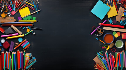Colorful School Supplies Arrangement on Black Chalkboard, Panorama