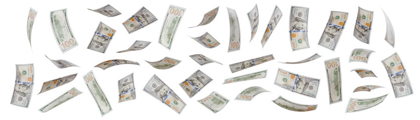 Variety of Falling One Hundred Dollar Bills Isolated. Transparent PNG. - obrazy, fototapety, plakaty