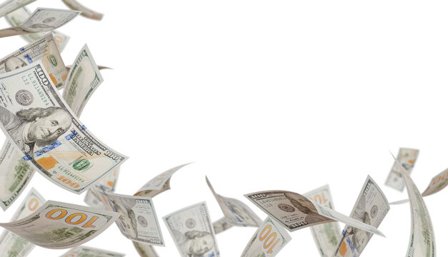 Corner Border of Falling One Hundred Dollar Bills Isolated. Transparent PNG.