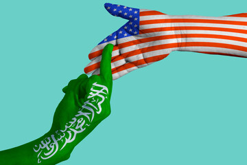 Hands with textures of the flags of the USA and the Islamic world. The hand of the Islamic world with a bad gesture. A symbol of the conflict between the United States and the Islamic world. - obrazy, fototapety, plakaty