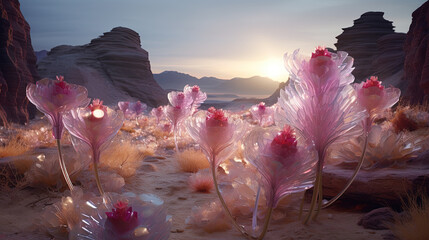 Surreal Desert Landscape Bathed in the Ethereal Glow of Radiant Light, Adorned with Resplendent Flowers