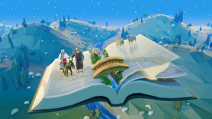 Maria and Joseph walking on the book of Bible with donkey with ancient Israel themed background. Gospel of Luke, Christmas nativity in the Bible and sheeps. Low poly 3d illustration.  - obrazy, fototapety, plakaty