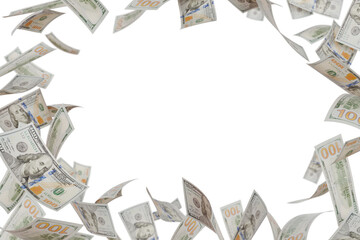 Border of Falling One Hundred Dollar Bills Isolated. Transparent PNG.