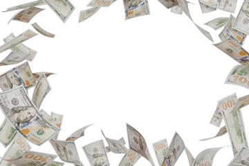 Border of Falling One Hundred Dollar Bills Isolated. Transparent PNG.