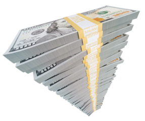 Stack of One Million Dollars in One Hundred Dollar Bills Isolated. Transparent PNG.
