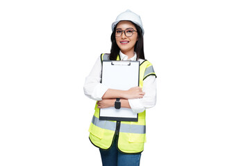 Beautiful young female architect wearing a helmet crossing her arms on her chest isolated transparent