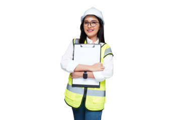 Beautiful young female architect wearing a helmet crossing her arms on her chest isolated transparent
