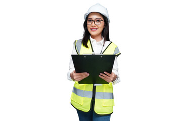 Young female architect wearing a helmet is carrying a folder isolated transparent