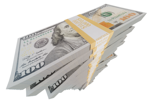 Stacks of One Hundred Dollar Bills Isolated. Transparent PNG.