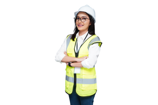 Beautiful young female architect wearing a helmet crossing her arms on her chest isolated transparent