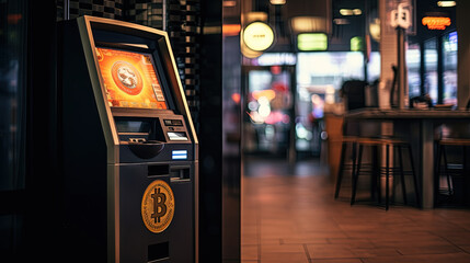 The Future of Crypto Transactions and Advanced Machine Technology in Public Spaces with Advanced Bitcoin ATM System - obrazy, fototapety, plakaty