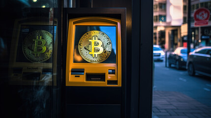 The Future of Crypto Transactions and Advanced Machine Technology in Public Spaces with Advanced Bitcoin ATM System - obrazy, fototapety, plakaty