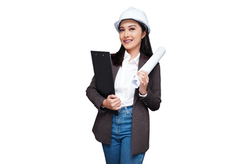 Young female worker wearing a helmet carrying a folder isolated transparent