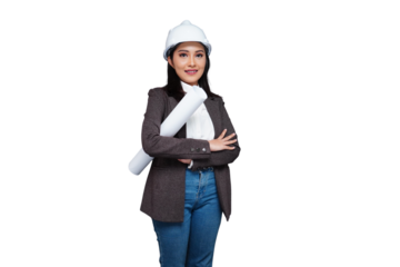 Young female employee wearing a helmet carrying a roll of paper isolated transparent