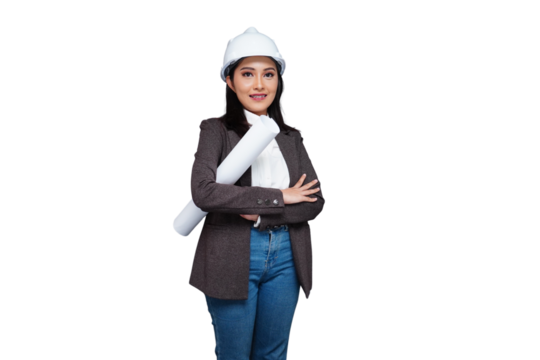 Young female employee wearing a helmet carrying a roll of paper isolated transparent