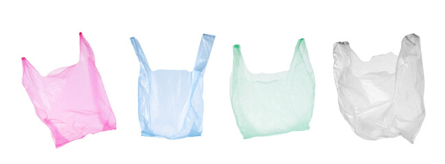 Empty plastic bags on white background, collection