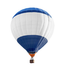 Bright hot-air balloon with wicker basket on white background