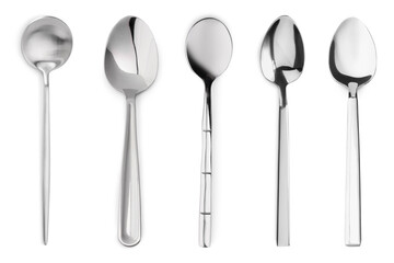Different stylish silver spoons on white background