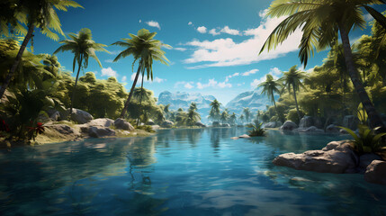 A peaceful island setting with palm trees and a tranquil lagoon