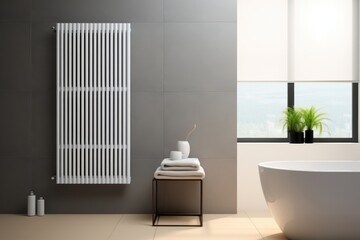 Bright bathroom with vertical radiator and green plants - obrazy, fototapety, plakaty