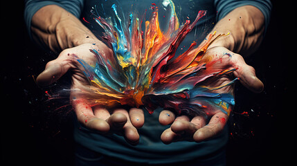 Expressive Hands, A Vibrant Watercolor Painting Showcasing a Spectrum of Colorful Artistry - obrazy, fototapety, plakaty