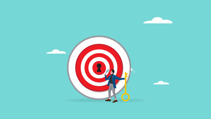 key to success for achieve business target, career achievement or secret for success in work, with the concept of a businessman who likes to observe targets and match them with the key - obrazy, fototapety, plakaty