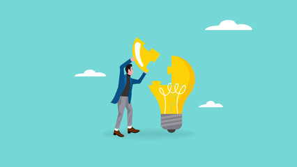 create a business strategy illustration with the concept of a businessman completing a light bulb-shaped puzzle, creative business strategy illustration