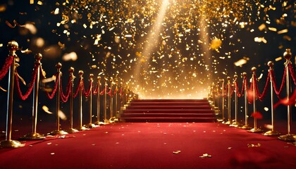 金色の紙吹雪が落ちるレッドカーペット、授賞式、背景｜Red carpet with falling golden confetti. Award ceremony, background. Generative AI