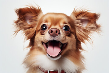 Obraz premium happy cute dog with his mouth wide open, pomeranian dog portrait. Studio photo. Day light. Concept of care, education, obedience training and raising pets