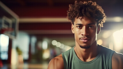 Portrait of afro american male basketball player with a ball over sport hall background. Fit young man in sportswear holding basketball.