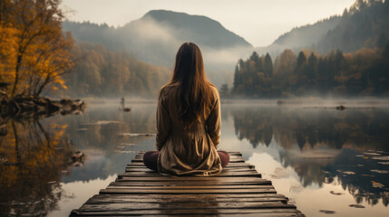 Young woman meditating on wooden pier early morning - obrazy, fototapety, plakaty