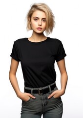 Fototapeta premium Young woman with short haircut in black shirt on light background