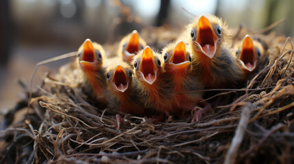 Nest full of baby birds with mouths open begging for food - obrazy, fototapety, plakaty