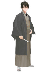羽織と袴を着用して立っている着物男子（茶）