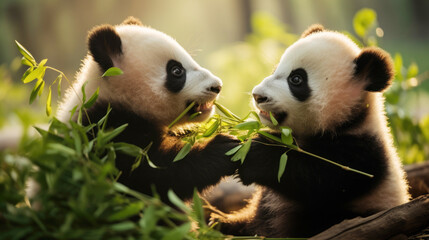 Baby panda cubs eating vegetation in a chinese bamboo forest
