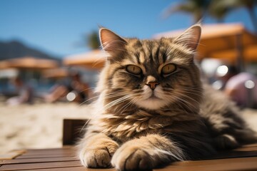 Cute Cat Poses on a Sunny Beach, Selective Focus Photography