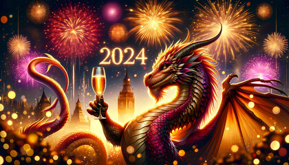 Year of the Dragon, Chinese Zodiac, 2024, New Year Celebration with Majestic Dragon Toasting Amidst Fireworks and City Skyline, Generative AI