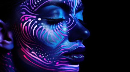 Fashion model woman in neon light, portrait of beautiful model with fluorescent make-up, Art design...