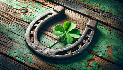 Old horseshoe,with clover leaf icons of Irish Patrick's day and good luck - obrazy, fototapety, plakaty
