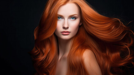 Beautiful woman with long wavy coloring hair. Flat gray background.