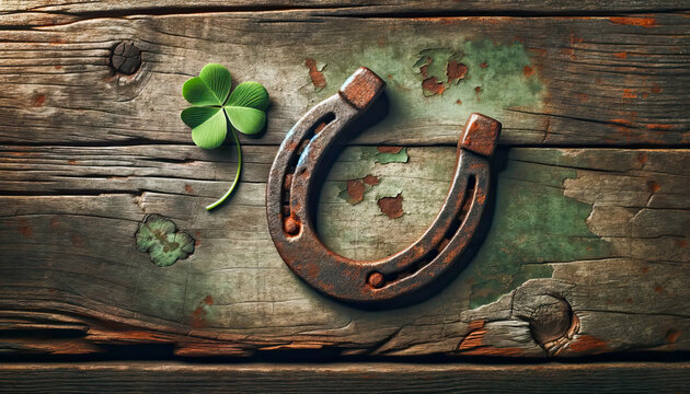 Old horseshoe,with clover leaf icons of Irish Patrick's day and good luck