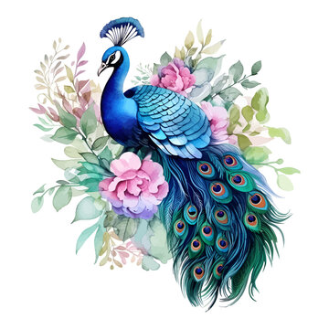 Watercolor peacock with flower and leaves, isolated on transparent background.