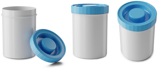 plastic containers with cap, empty jar or pot for storage and carrying food and grocery merchandise with blue lid, realistic 3D rendered illustration isolated on white background with different angles