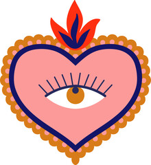 Mexico sacred heart retro sticker. Mexico spiritual decoration, Christian religion sacred symbol apparel print or Latin America culture love tattoo or God heart with fire and eye vector patch