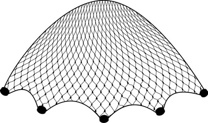 Fish net, isolated fishnet. Isolated 3d vector mesh material with sinkers used in fishing to catch fish. It consists of interconnected knots designed to trap fish while allowing water to flow through - obrazy, fototapety, plakaty