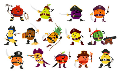 Cartoon fruit pirate and corsair fruit characters. Isolated vector apple, garnet, pear and plum. Orange, banana, kiwi or pineapple, lemon, watermelon and mandarin. Mango, peach and quince sea dogs