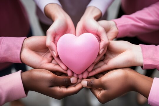 Group of hands holding a pink heart isolated on white background. Generative AI.